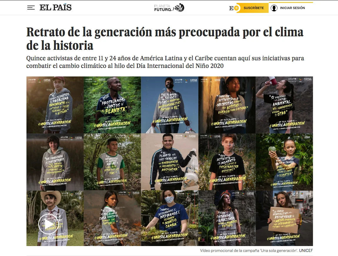 Publicación del diario El País sobre Dante Vergara y jóvenes activistas climáticos en noviembre de 2020