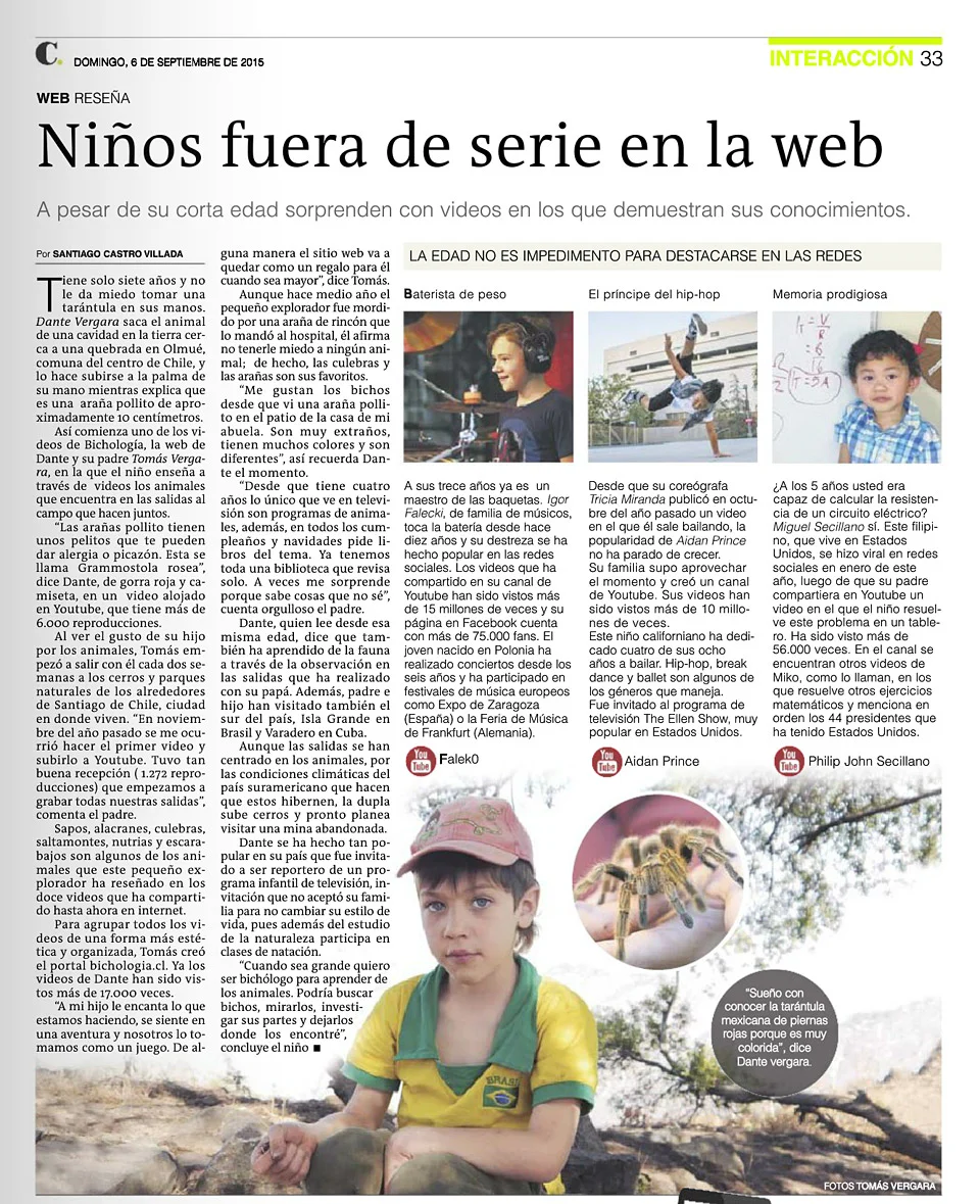 Reportaje del diario El Colombiano sobre Dante Vergara y Bichología en septiembre de 2015