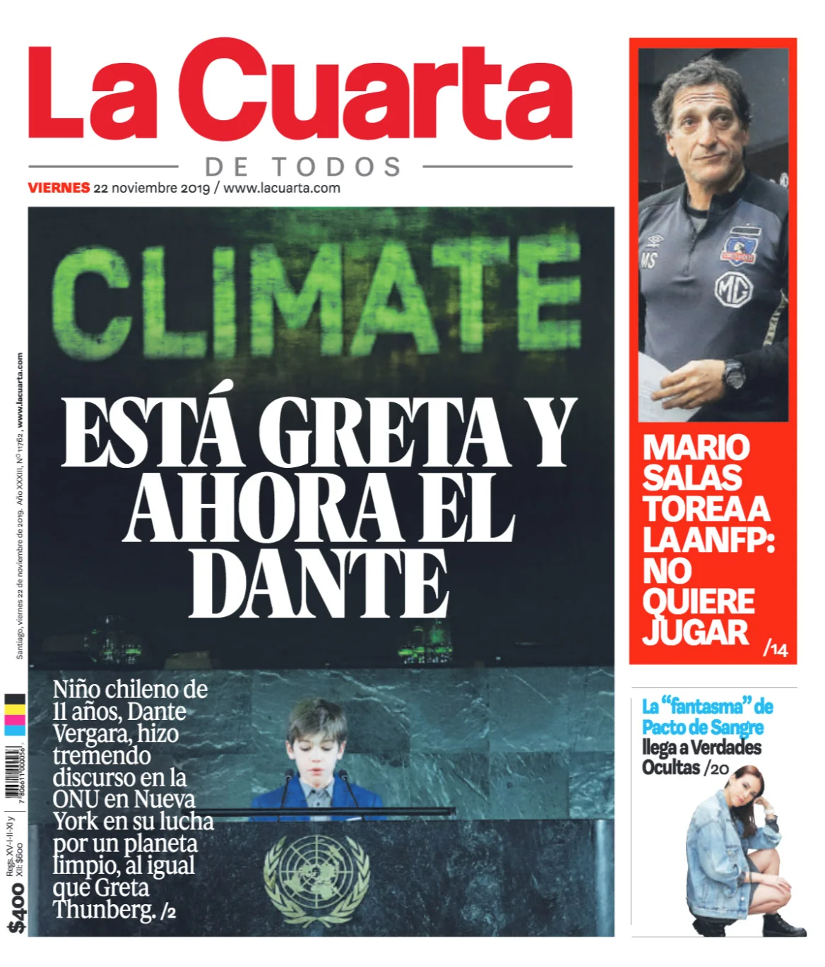 Portada de La Cuarta dedicada a Dante Vergara en noviembre de 2019
