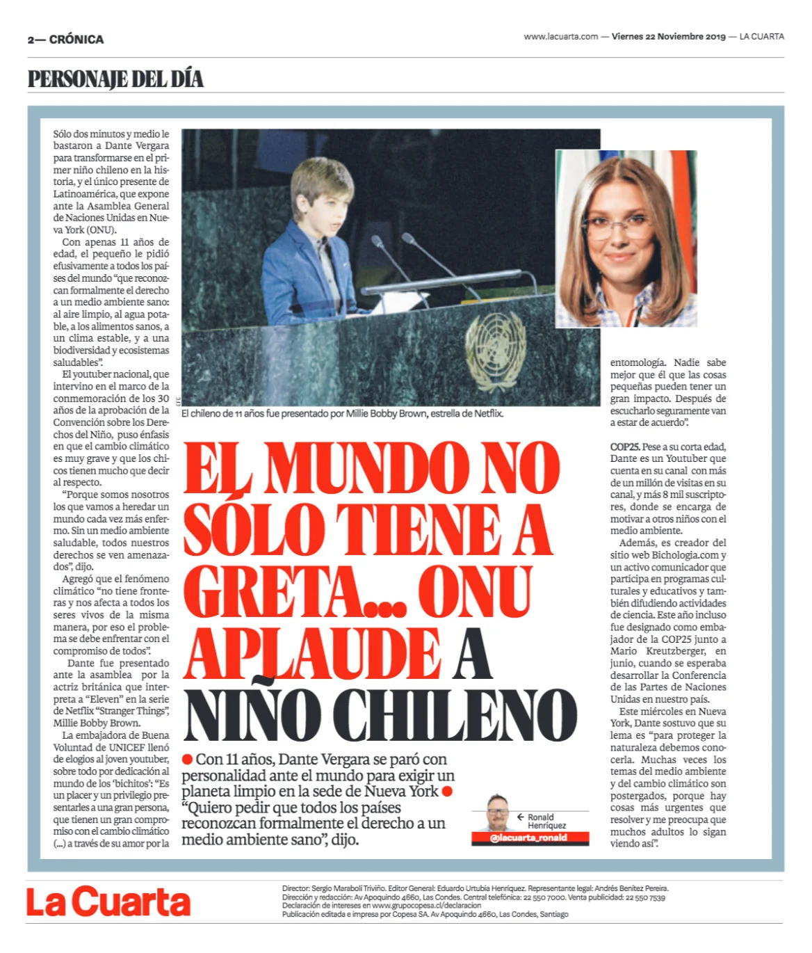Reportaje de La Cuarta sobre el discurso de Dante Vergara en Naciones Unidas
