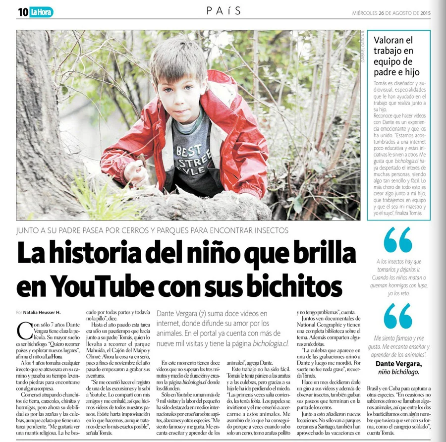 Publicación del diario La Hora sobre Bichología en agosto de 2015