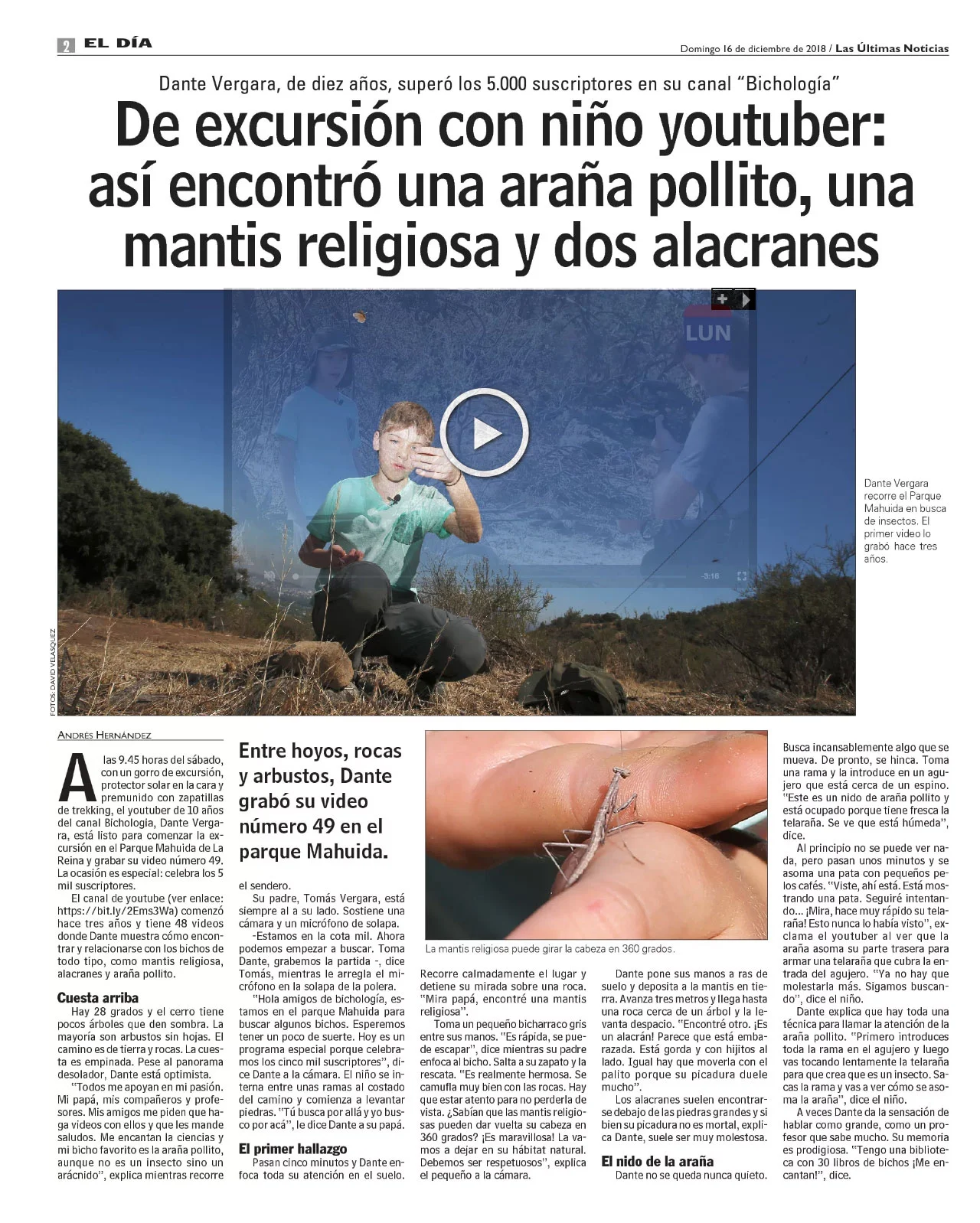 Primera página de un reportaje de Las Últimas Noticias sobre Bichología en diciembre de 2018