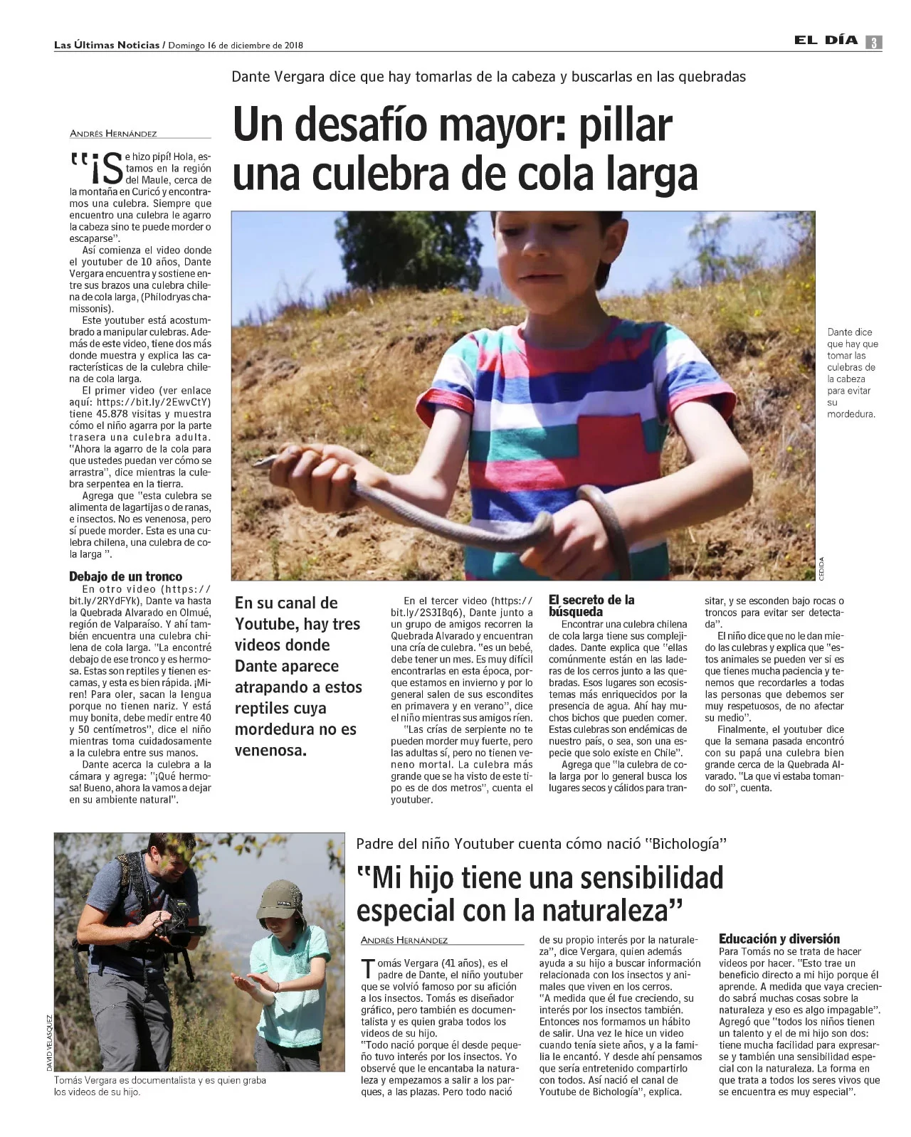Segunda página de un reportaje de Las Últimas Noticias sobre Bichología en diciembre de 2018
