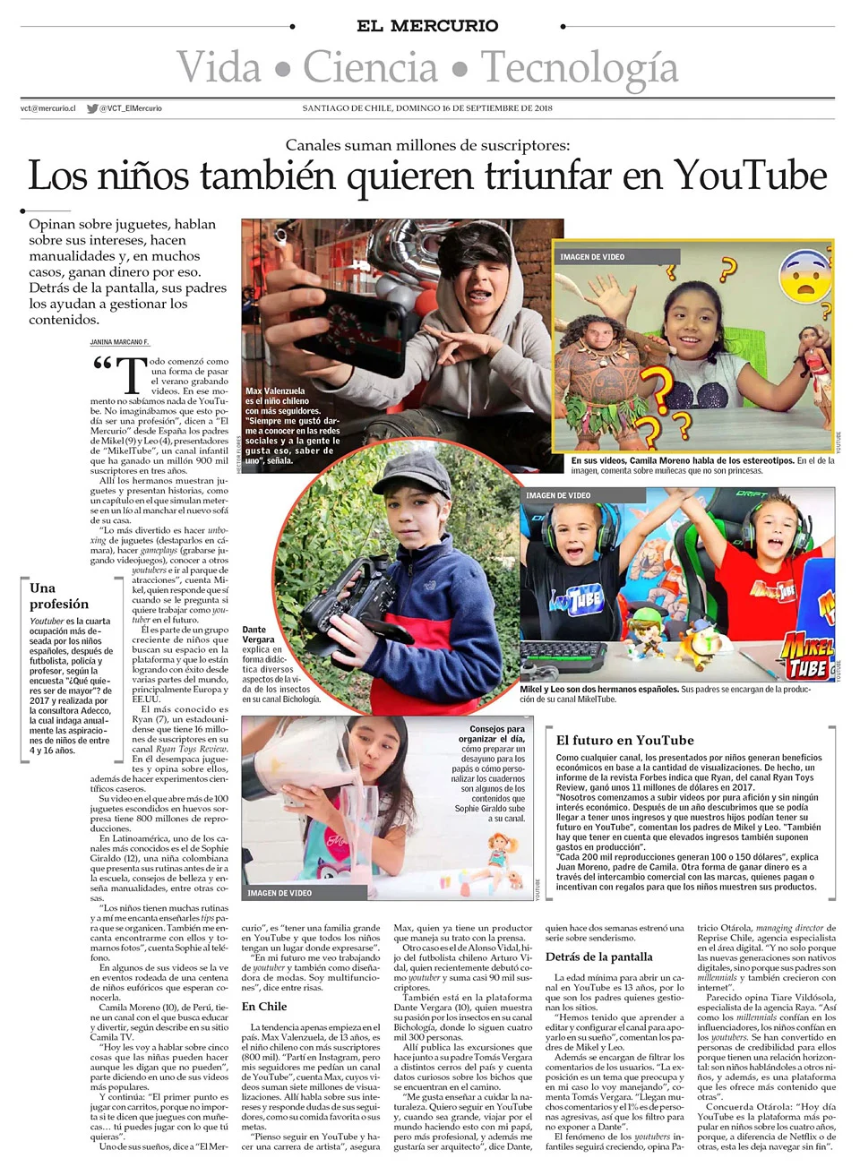 Reportaje de El Mercurio sobre Bichología en septiembre de 2018
